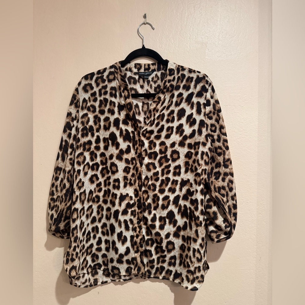 Mario Serrani Brown Leopard Print button down blouse with turn up sleeves